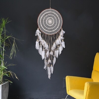 DREAMCATCHER &quot;POSITIVITY&quot; CREAM CIRCLE LARGE FEATHER ORNAMENT 