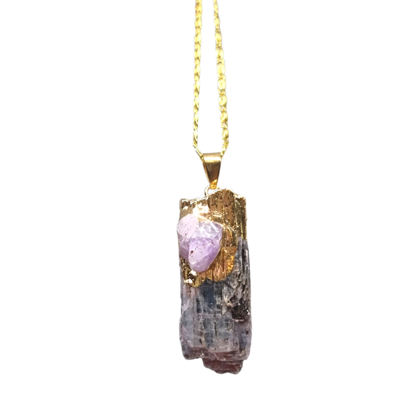 Rough Kyanite/ Amethyst Yellow gold pendant necklace