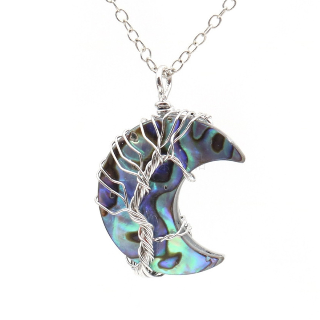 Moon Natural Sea Shell Tree of Life Pendant Necklace Silver Copper Crescent