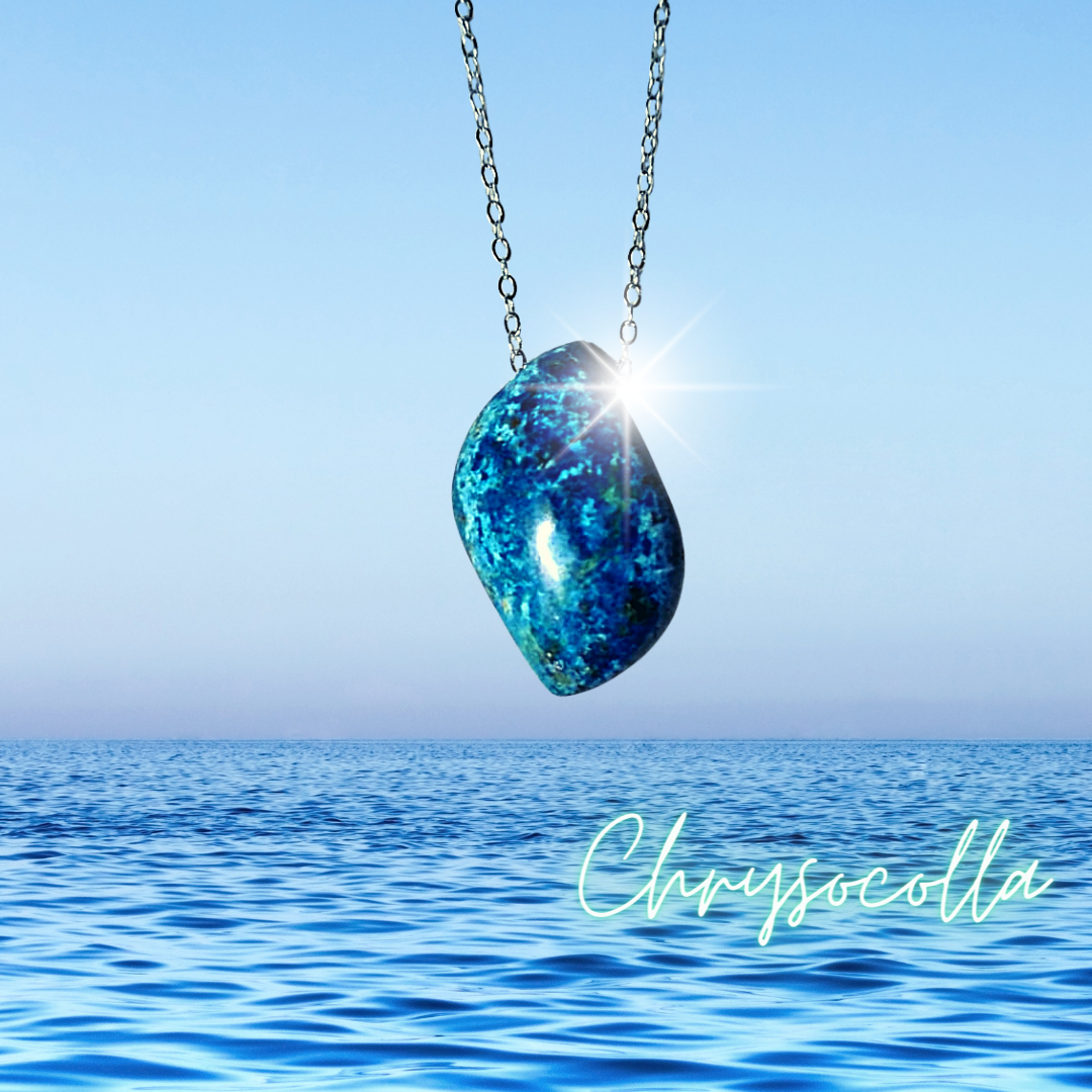 Chrysocolla Earth Power Сrystal Amulet 925 Sterling Silver /18 K Gold 