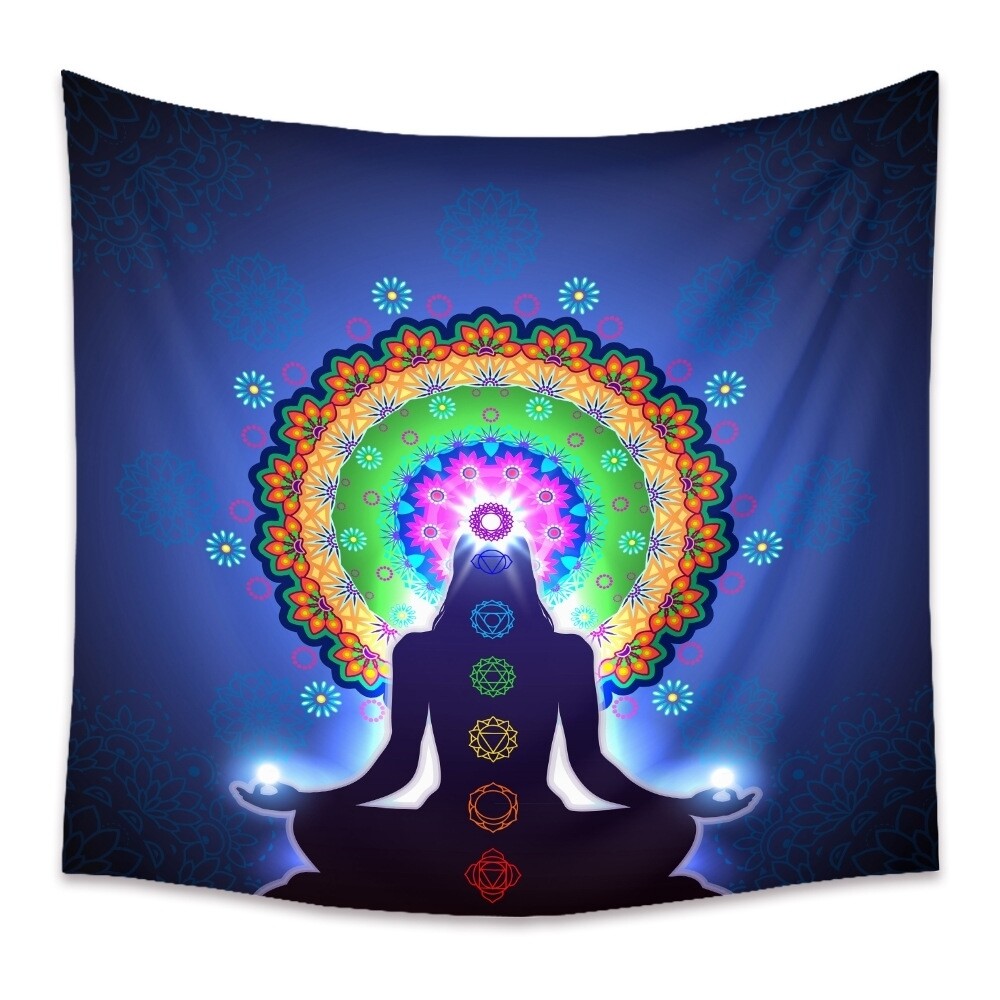 Tapestry 3D Mandala Yoga Chakra Beautiful Woman Silhouette Crystal Vector Tapestry Colorful Wall Hanging Large Blue