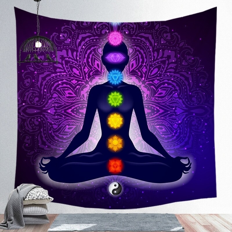 Tapestry 3D Mandala Yoga Lotus Chakra Beautiful Woman Silhouette Crystal Vector Tapestry Colorful Wall Hanging Large Purple 