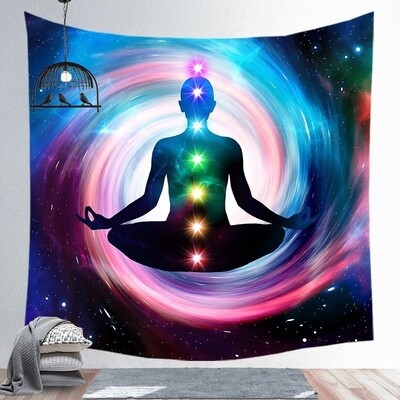 Tapestry 3D Space Mysterious Aura Energies Yoga Meditation Chakra Beautiful Woman Crystal Vector Tapestry Colorful with Wall Hanging Set Large Blue Pink 