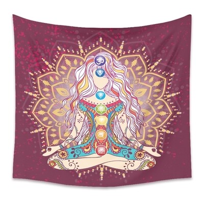 Tapestry | Tablecloth 3D Mandala Chakra Mysterious Cosmic Energies Yoga Lotus Chakra Beautiful Woman Silhouette Crystal Vector Tapestry Colorful Wall Hanging Red Large 