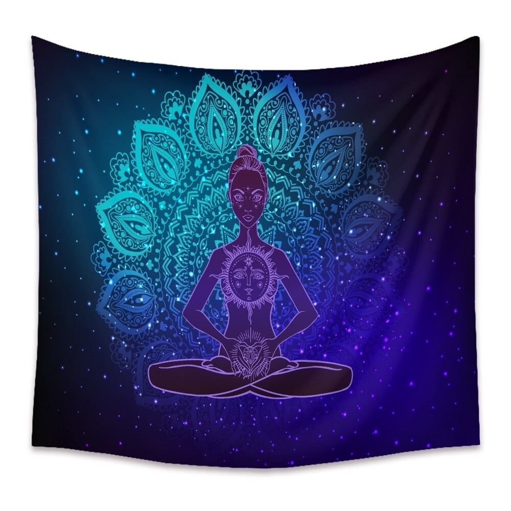 Tapestry | Tarot Tablecloth 3D Beautiful Woman Silhouette Sitting in Lotus Ethnic Art Yoga Crystal Vector Tapestry Colorful Mandala Yoga Meditation with Wall Hanging Set Blue Purple Large 