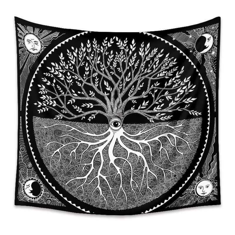 Tapestry | Tablecloth Tree of Life Third Eye Vision Tarot Moon 3D Psychedelic Tree Wall Hanging Large Black and White Ornament 