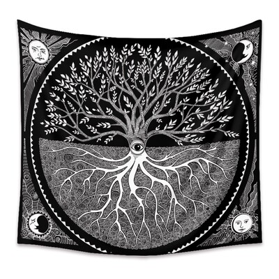 Tapestry | Tablecloth Tree of Life Third Eye Vision Tarot Moon 3D Psychedelic Tree Wall Hanging Large Black and White Ornament 