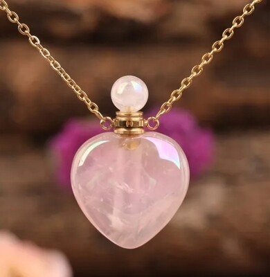 Heart Rose Quartz Aura Crystal Gold Necklace Gemstone Perfume Essential Oil Bottle 