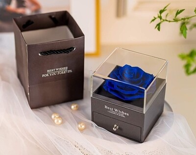Blue Rose Gift Box Preserved Fresh Flower Rose in a Jewelry Box, Last long Rose Gift Box Eternal Flowers Infinity Rose Blue Everlasting Rose