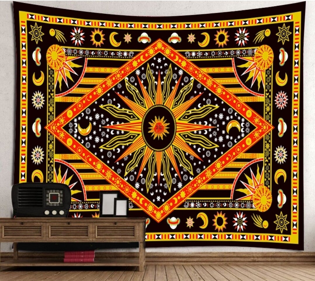 Tapestry Sun Moon Space Solar System Chakra Meditating Yoga  Wall Hanging Handmade Cotton Tapestry 108 x 68 cm