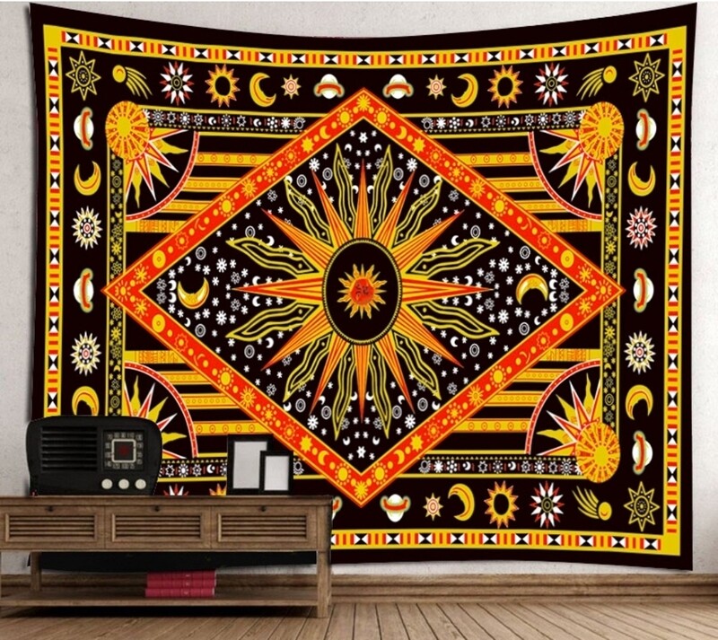 Tapestry Sun Moon Space Solar System Chakra Meditating Yoga  Wall Hanging Handmade Cotton Tapestry 108 x 68 cm