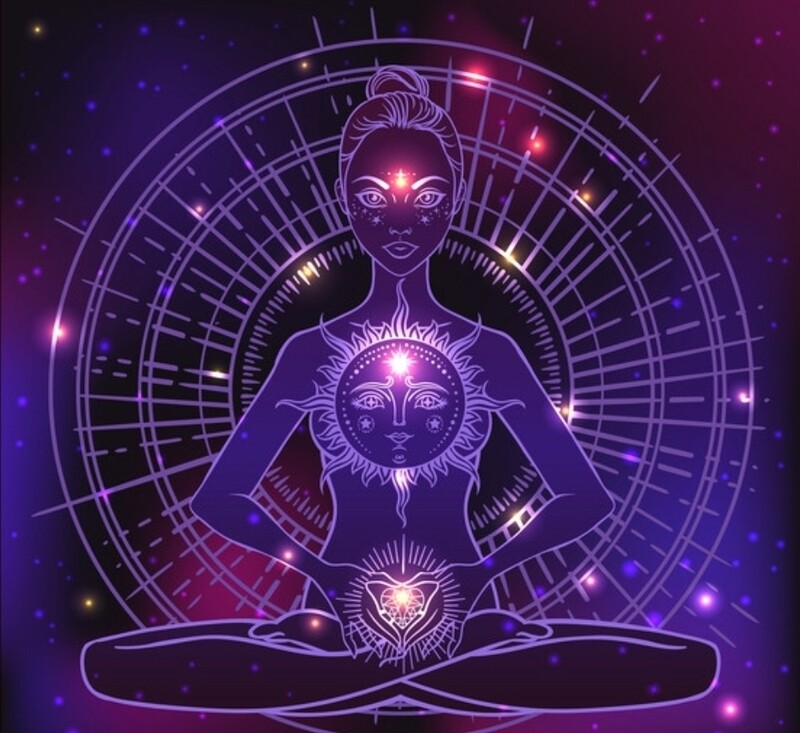 Biogeometry Tarot Tapestry Tablecloth 3D Beautiful Woman Yoga Silhouette Sitting Sun ethnic art Crystal Vector Tapestry Colourful Purple with Wall Hanging &amp; Mount Set Large 