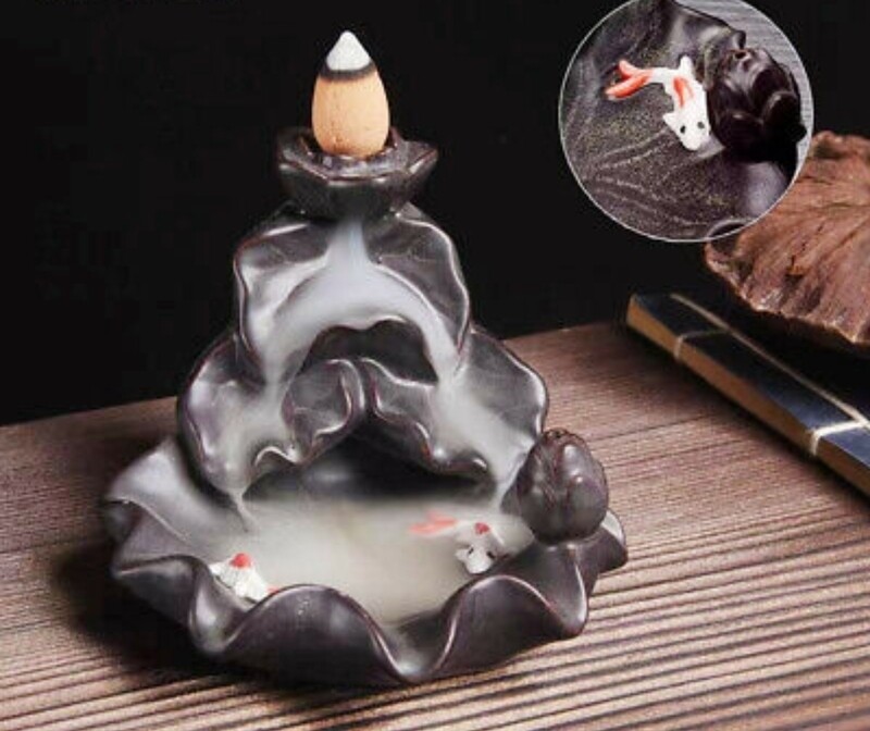 Backflow Incense Burner, Waterfall Incense Burner Holder, Handmade Ceramic Sticks, Cones, Two Swimming Fish Cone Burner 