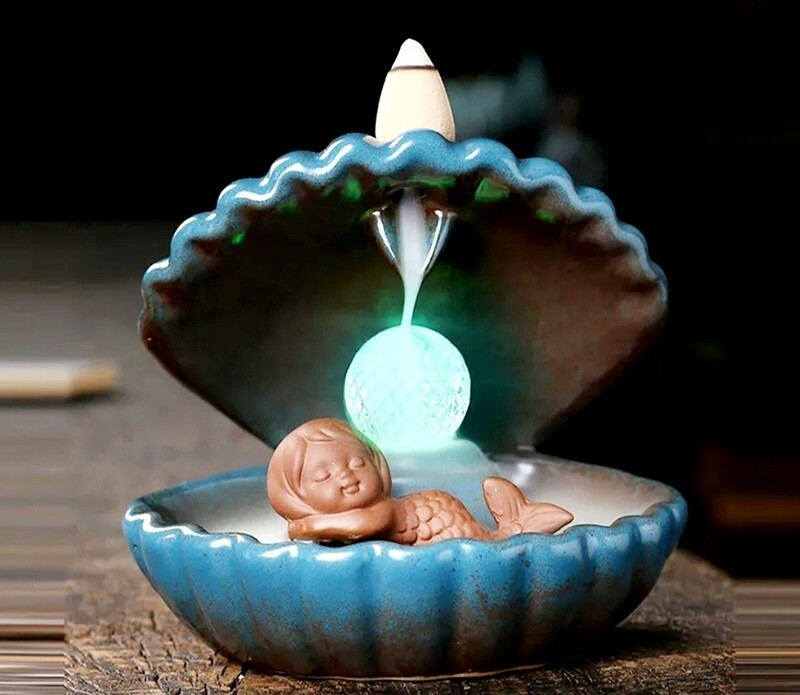 Waterfall Incense Burner Shell Mermaid Incense Pearl Lamp with LED lights, Ceramic Aromatherapy Ornament Home Decor
