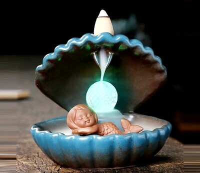 Waterfall Incense Burner Shell Mermaid Incense Pearl Lamp with LED lights, Ceramic Aromatherapy Ornament Home Decor