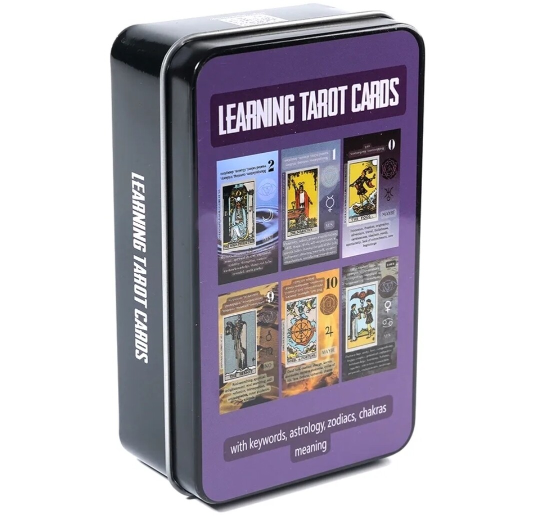 Learning Tarot Cards with meanings on the cards Keywords Reversed Chakra Planet Zodiac Tin Metal Box
