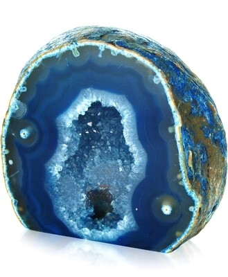 Blue Agate Geode Lamp Crystal Cut Wooden Base Lamp Complete - Blue