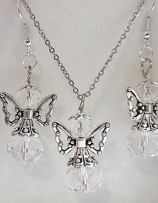 Angel Necklace and earrings Set Clear Rock Crystal Quartz Silver Jewellery Set