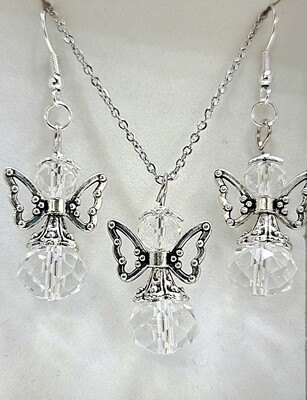 Angel Necklace and earrings Set Clear Rock Crystal Quartz Silver Jewellery Set