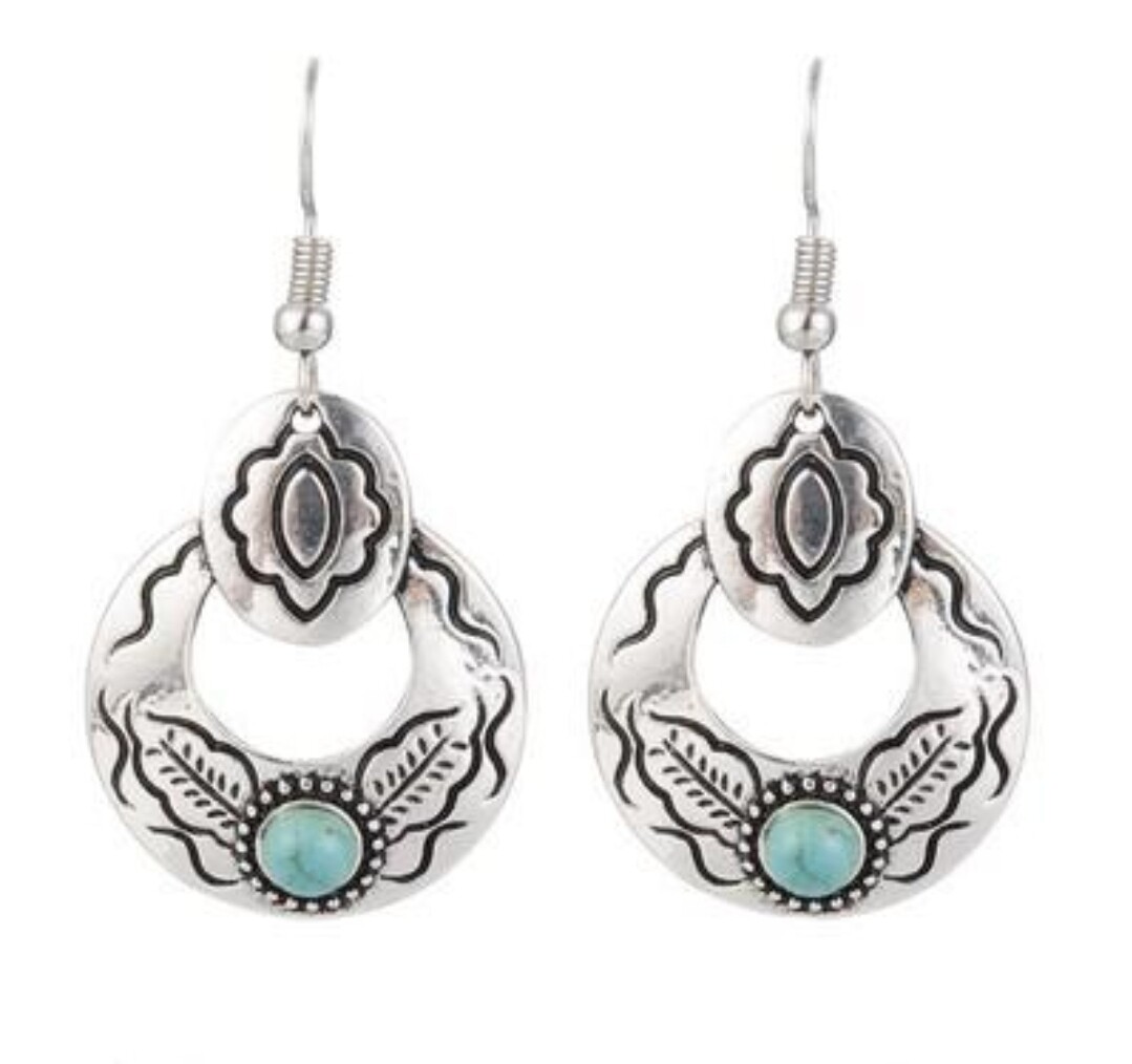 Turquoise Silver Flower Leaf Earrings