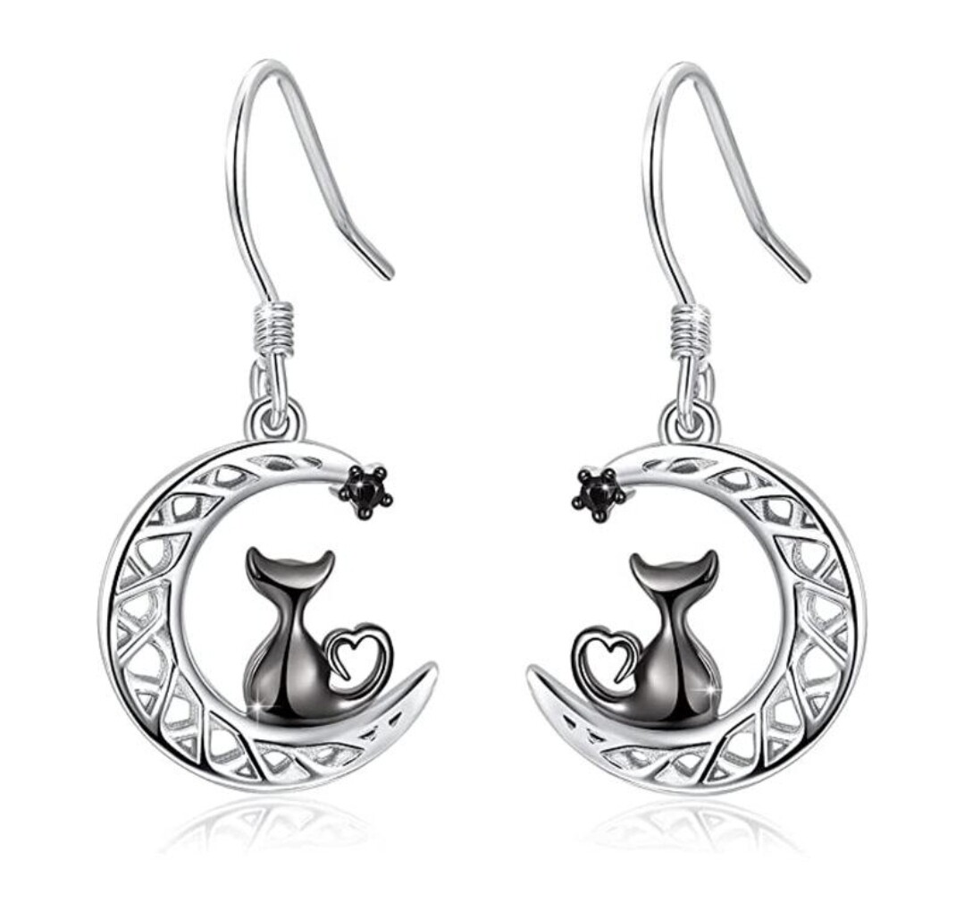 Cat Earrings Silver Cat on the Celtic Moon