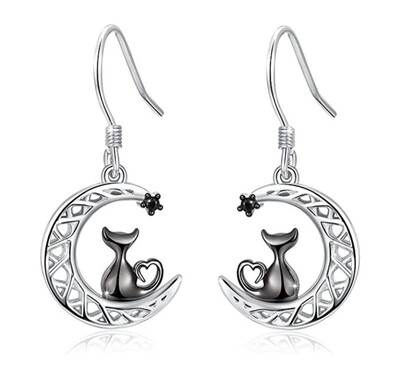 Cat Earrings Silver Cat on the Celtic Moon