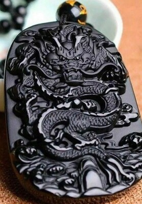 Black Obsidian Hand Carved Pendant Mala Necklace, Luck Necklace, Prosperity Dragon Necklace