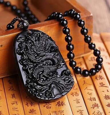 Black Obsidian Hand Carved Pendant Mala Necklace, Luck Necklace, Prosperity Dragon Necklace
