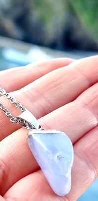 Blue Lace Agate Crystal Silver Pendant Necklace