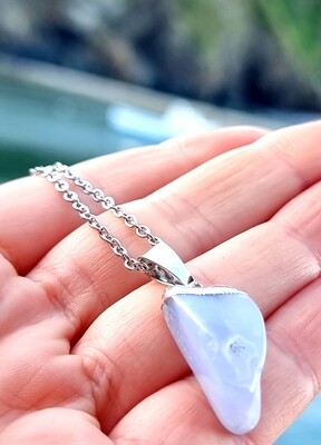 Blue Lace Agate Crystal Silver Pendant Necklace 