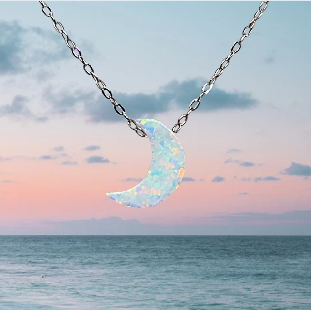 White Fire Opal Moon Shape Crystal Pendant pure 925 Sterling Silver 