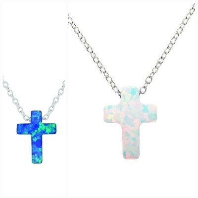Opal Cross Blue/ White Fire Crystal Pendant 925 Sterling Silver