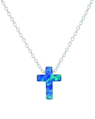 Opal Cross Blue/ White Fire Crystal Pendant 925 Sterling Silver 