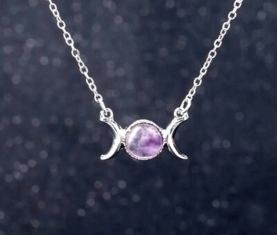 Triple Moon Zodiac Sign Natural Crystal Necklace Silver Pendant Crescent Moon