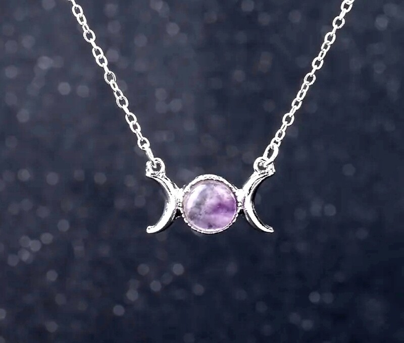 Triple Moon Zodiac Sign Natural Crystal Necklace Silver Pendant Crescent Moon