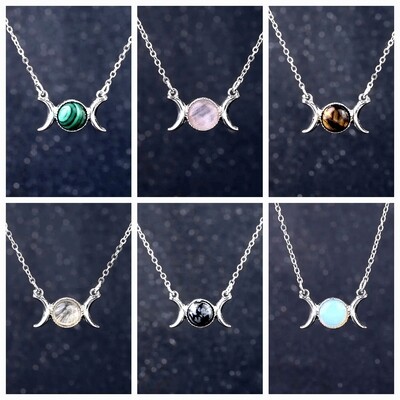 Triple Moon Zodiac Sign Natural Crystal Necklace Silver  
