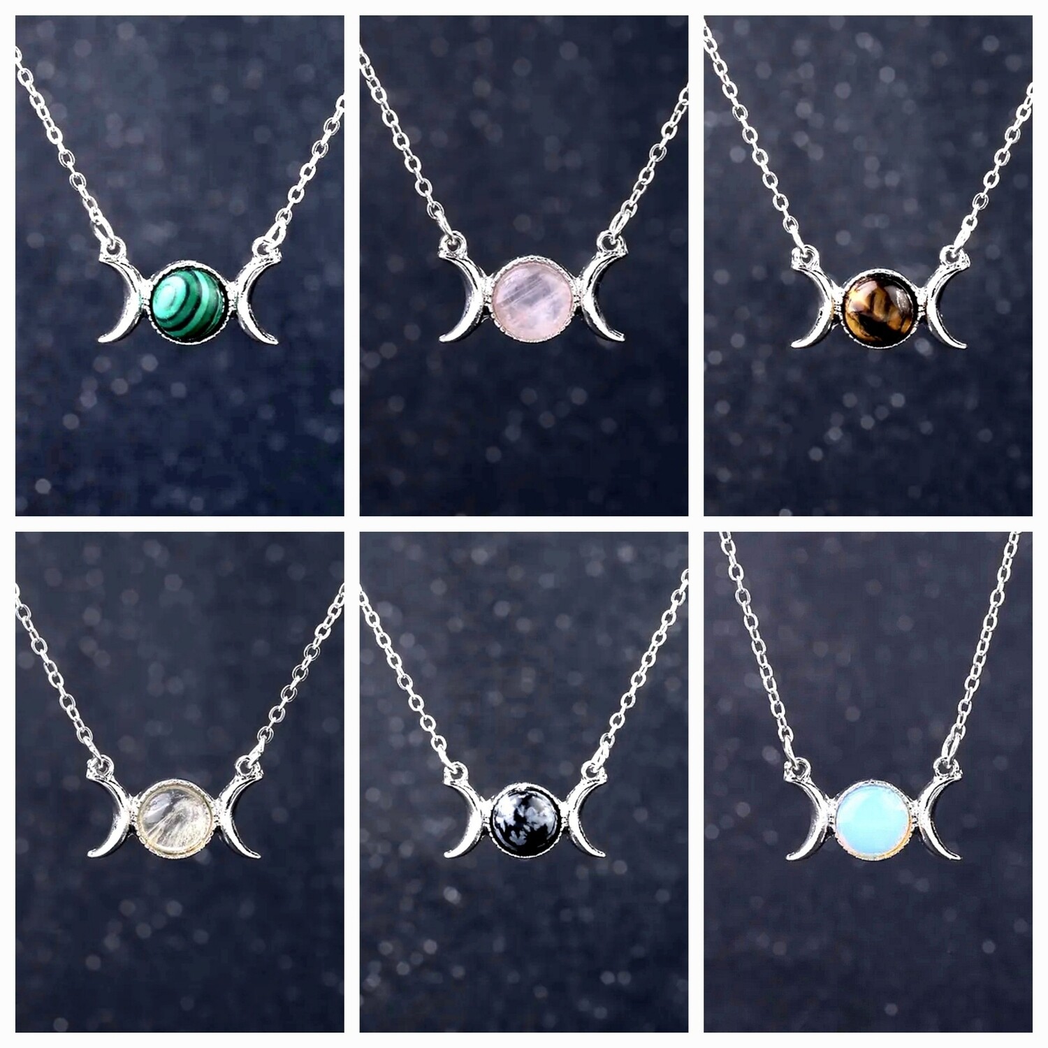 Triple Moon Zodiac Sign Natural Crystal Necklace Silver  