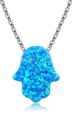 Hamsa Hand Blue Fire Opal Crystal Amulet Pendant 925 Sterling Silver