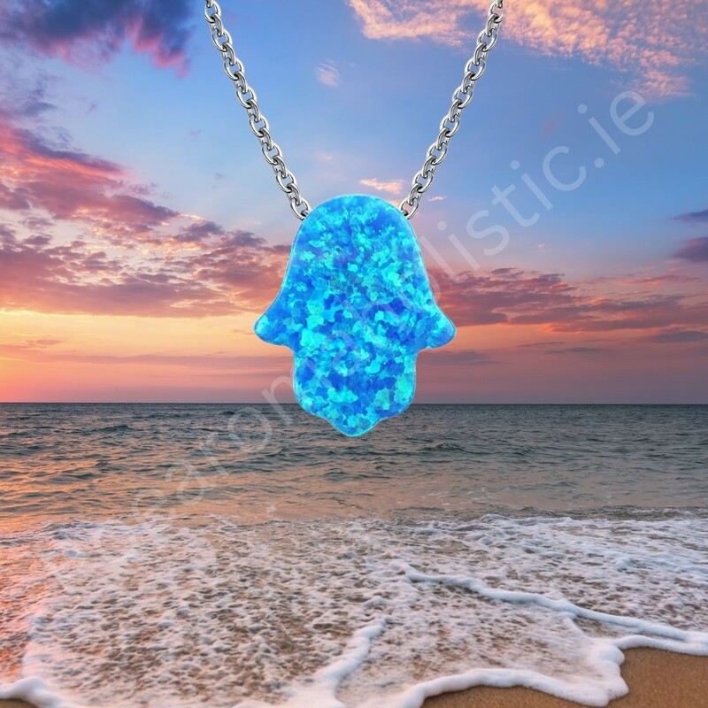 Hamsa Hand Blue Fire Opal Crystal Amulet Pendant 925 Sterling Silver
