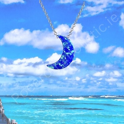 Blue Fire Opal Moon Crystal Pendant Necklace 925 Sterling Silver