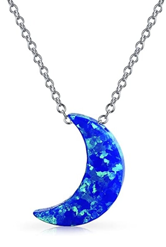 Blue Fire Opal Moon Crystal Pendant Necklace 925 Sterling Silver