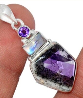 Auralite 23 Crystal -  Rainbow Moonstone -  Amethyst - 925 Sterling Silver Amulet Necklace