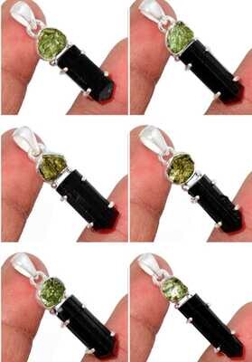 Black Tourmaline and Genuine Moldavite  Crystal Amulet Necklace Pendant Talisman 925 Sterling Silver 