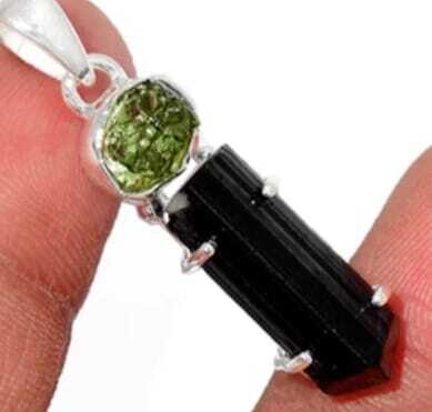 Black Tourmaline and Genuine Moldavite  Crystal Amulet Necklace Pendant Talisman 925 Sterling Silver 