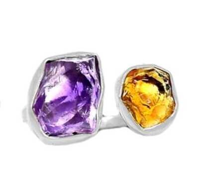 Citrine and Amethyst Rough Crystal Ring - Natural Stone Ring