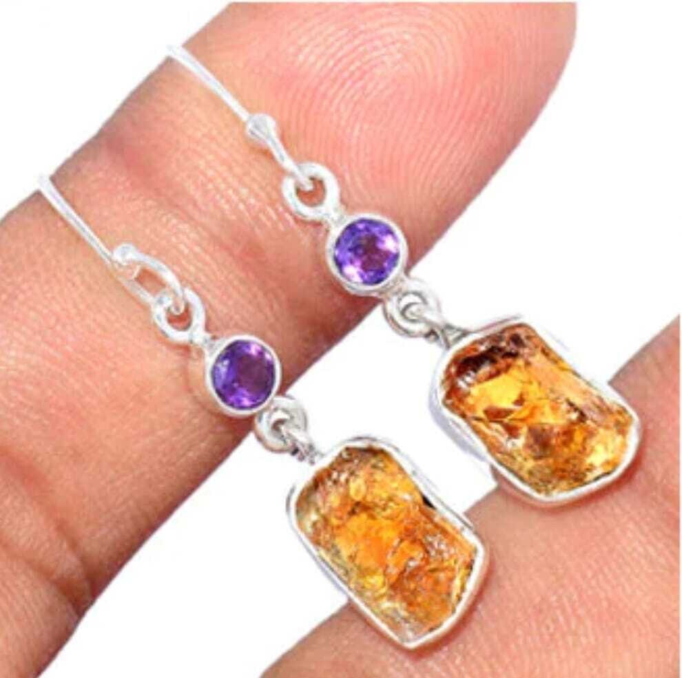 Citrine and Amethyst Crystal Rough Stone Earrings