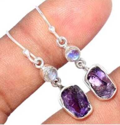 Rough Amethyst and Rainbow Moonstone Crystal Earrings