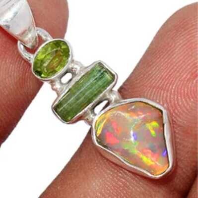 Ethiopian Opal Crystal, Green Tourmaline and Peridot Amulet Pendant