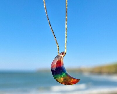 Ammolite Moon Crystal Amulet Necklace Red Rainbow Pendant 