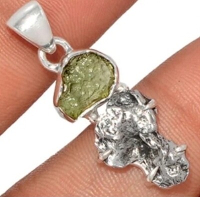 Meteorite Campo Del Cielo Genuine Moldavite Crystal Amulet Necklace Pendant Talisman Claw Setting